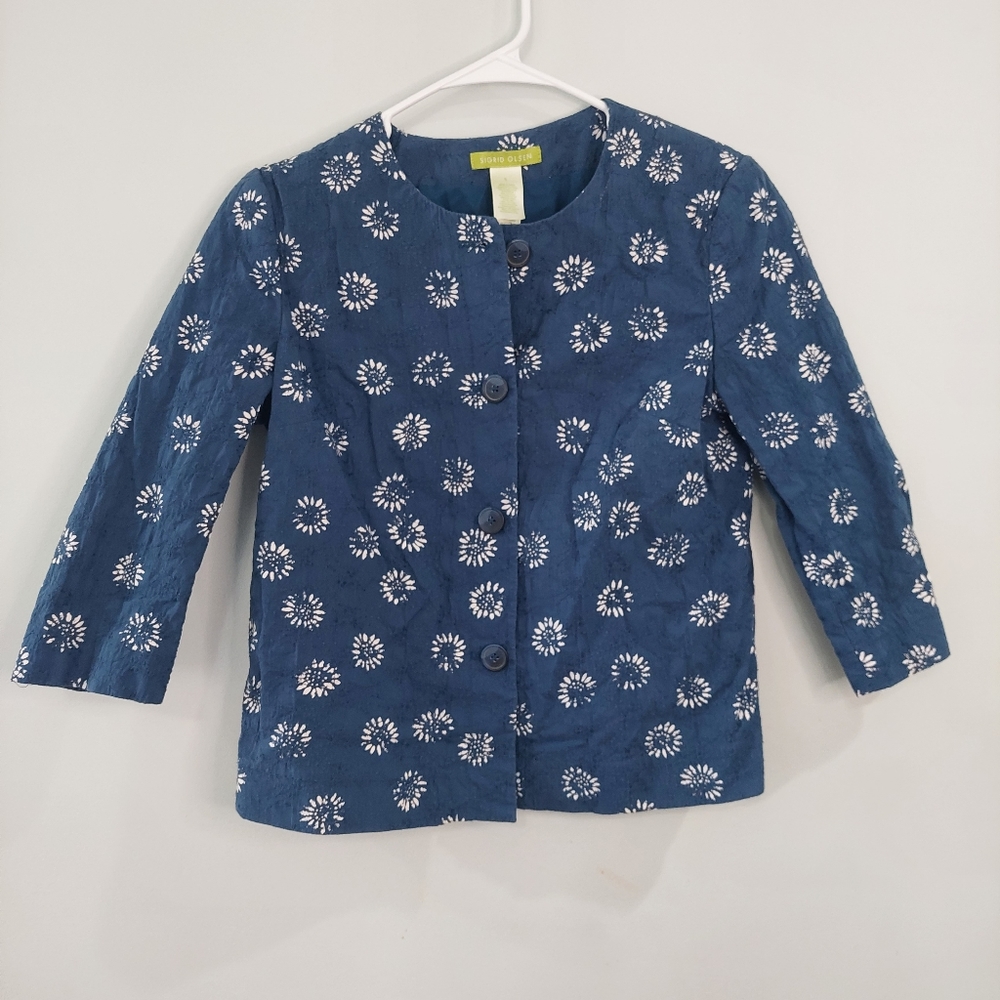 Sigrid Olsen blazer Small blue white floral pattern embroidered button front
